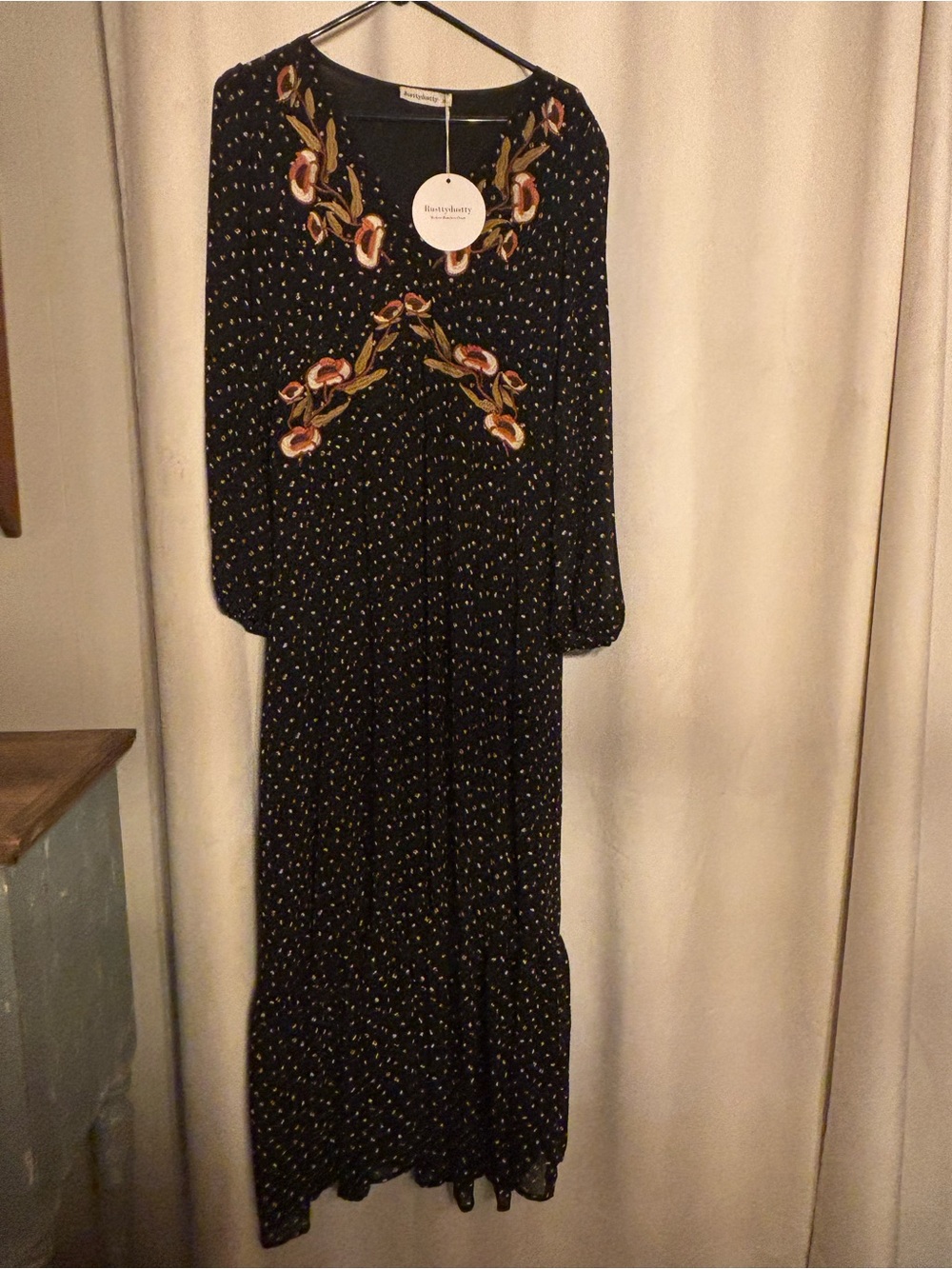 Rusty Dusty Black Floral Embroidered Polka Dot Maxi Dress